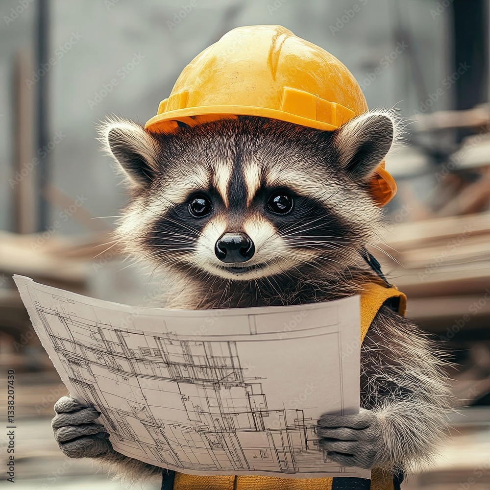 Fototapeta premium raccoon in a helmet with a plan in his hand against the background of a construction site. construction drawings. in work clothes. close-up.