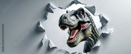 Fototapeta Naklejka Na Ścianę i Meble -  Close-up of a dinosaur seen through a torn paper wall.