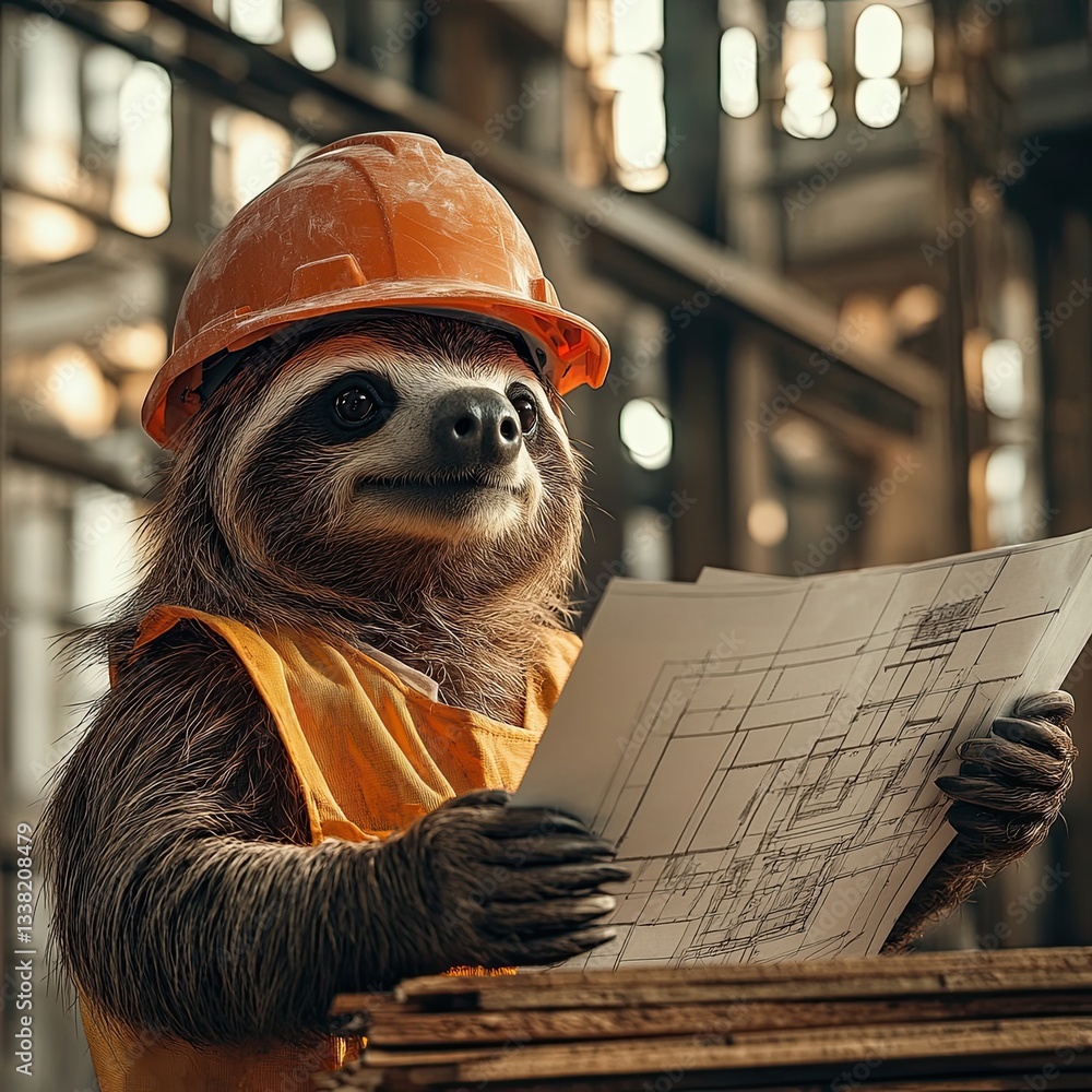 Fototapeta premium sloth in a helmet with a plan in his hand against the background of a construction site. construction drawings. in work clothes. close-up.