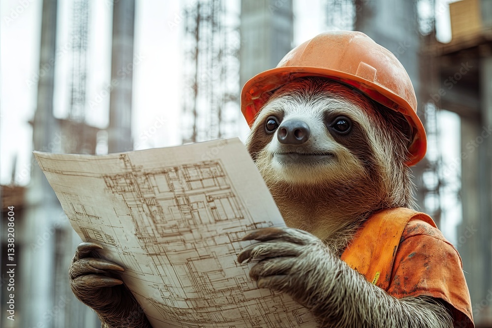 Fototapeta premium sloth in a helmet with a plan in his hand against the background of a construction site. construction drawings. in work clothes. close-up.