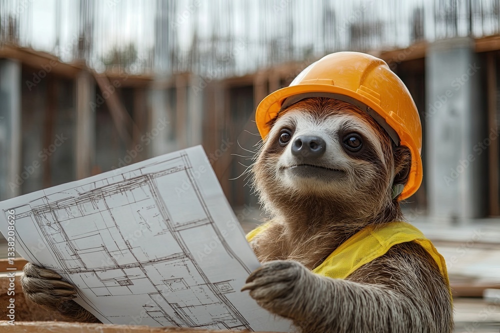 Fototapeta premium sloth in a helmet with a plan in his hand against the background of a construction site. construction drawings. in work clothes. close-up.