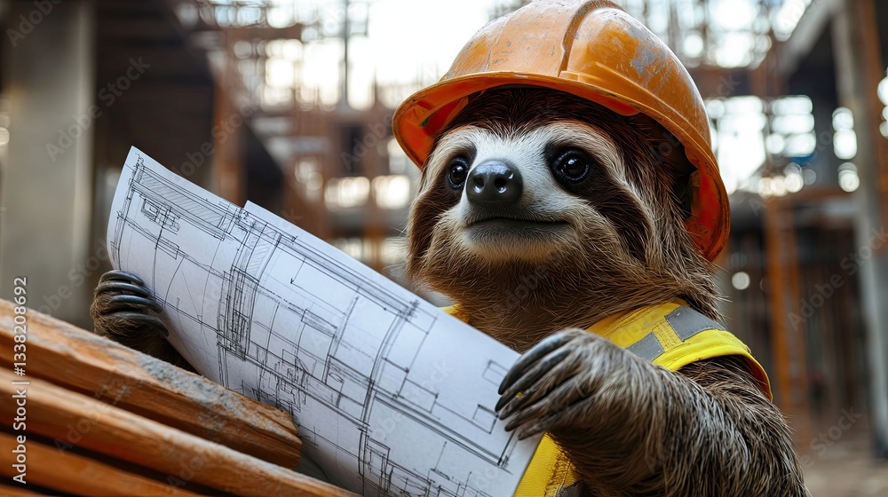 Fototapeta premium sloth in a helmet with a plan in his hand against the background of a construction site. construction drawings. in work clothes. close-up.