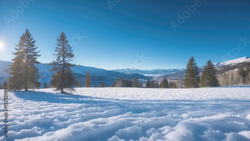 Fototapeta Naklejka Na Ścianę i Meble -  Snow-covered landscape in mountain range under a clear blue sky on a warm, sunny winter day.