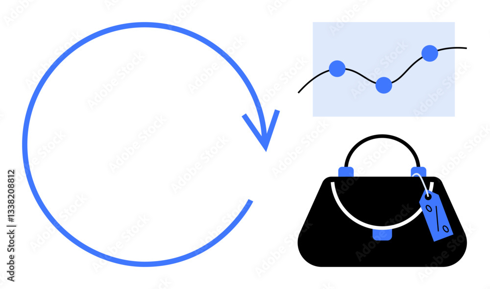 Large blue arrow circle, upward trend graph, and handbag with a price tag. Ideal for sustainability, circular economy, retail, business growth, fashion economic trends consumer behavior. Simplified Large blue arrow circle, upward trend graph, and handbag with a price tag. Ideal for sustainability, circular economy, retail, business growth, fashion economic trends consumer behavior. Simplified