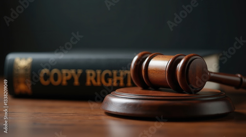 A wooden gavel rests on a round block beside a thick book titled COPYRIGHT. This arrangement highlights the importance of copyright law in protecting creative works and intellectual property