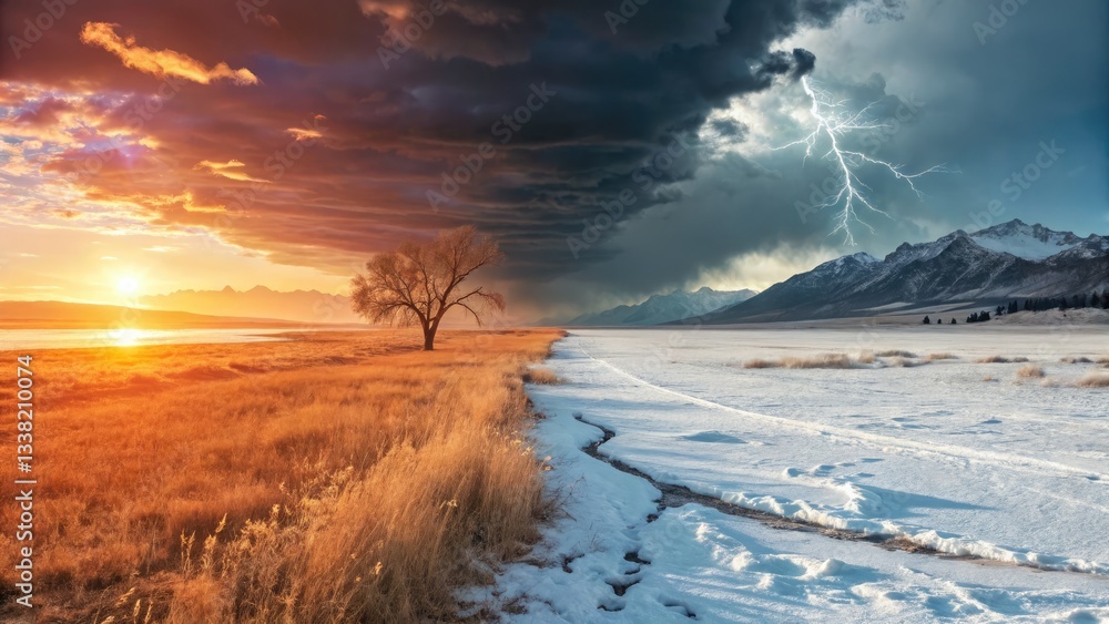 Fototapeta premium Transition between seasons at a dramatic landscape with contrasting weather conditions