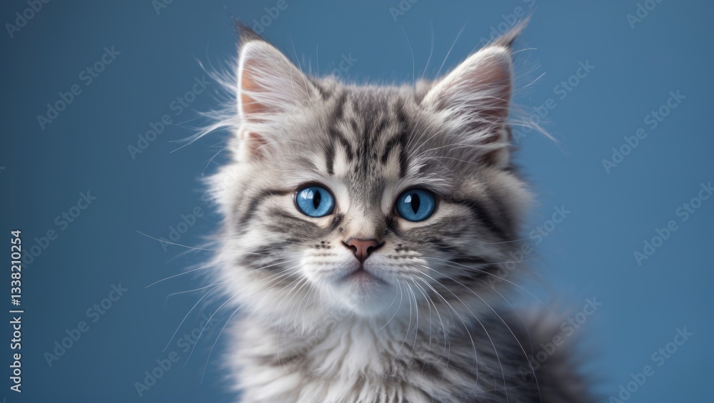 Funny smiling gray tabby adorable kitten with blue eyes. Portrait of a lovely fluffy cat. Funny smiling gray tabby adorable kitten with blue eyes. Portrait of a lovely fluffy cat.