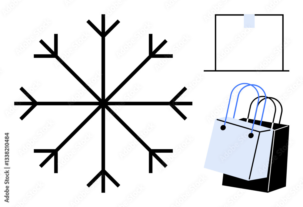 Snowflake with detailed branches, two shopping bags in blue and black, and a square price tag with blue string. Ideal for winter, holiday sales, discounts, retail, festive shopping, seasonal Snowflake with detailed branches, two shopping bags in blue and black, and a square price tag with blue string. Ideal for winter, holiday sales, discounts, retail, festive shopping, seasonal