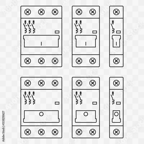 Circuit breaker set. Minimalist line art style vector illustration on a checkered background