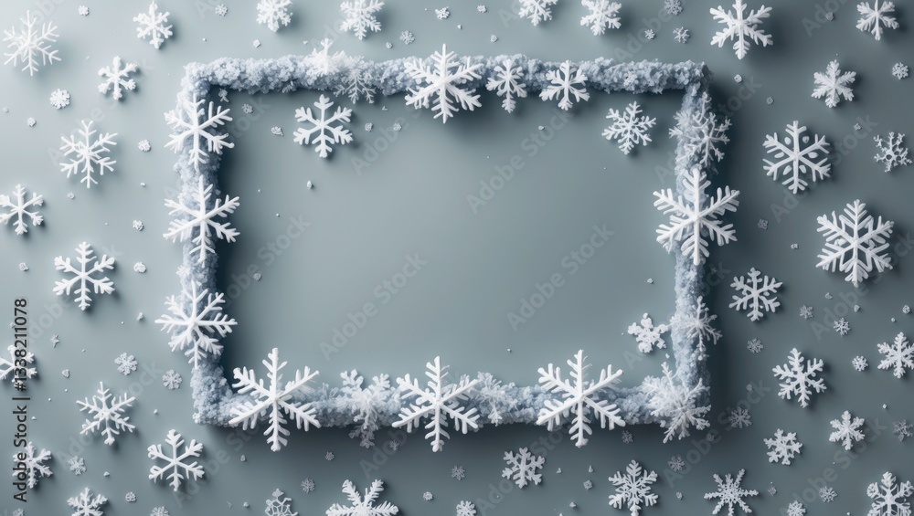 Fototapeta premium Christmas arrangement. Border created from snowflakes on a soft gray backdrop. Winter theme. Flat lay, aerial view, empty space.