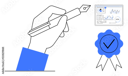 Hand holding fountain pen symbolizing signing, certification badge with checkmark, digital dashboard with data charts and metrics. Ideal for professionalism, agreement, analytics, results, success