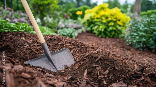 A shovel lies quietly on top of a sizable mound of freshly turned soil in a colorful and vibrant garden, showcasing the beauty of early spring