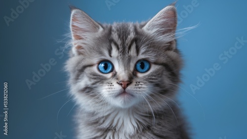 Funny smiling gray tabby cute kitten with blue eyes. Image of an adorable fluffy cat.