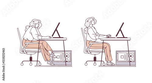 Correct and incorrect postures for work at computer side view. Right and wrong positions of sitting at office desk. Pose for spine, neck. Flat isolated contour vector illustrations on white background