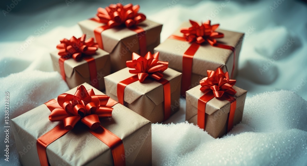 Gift box wrapped in eco-friendly paper adorned with ribbon bows. Gift box wrapped in eco-friendly paper adorned with ribbon bows.