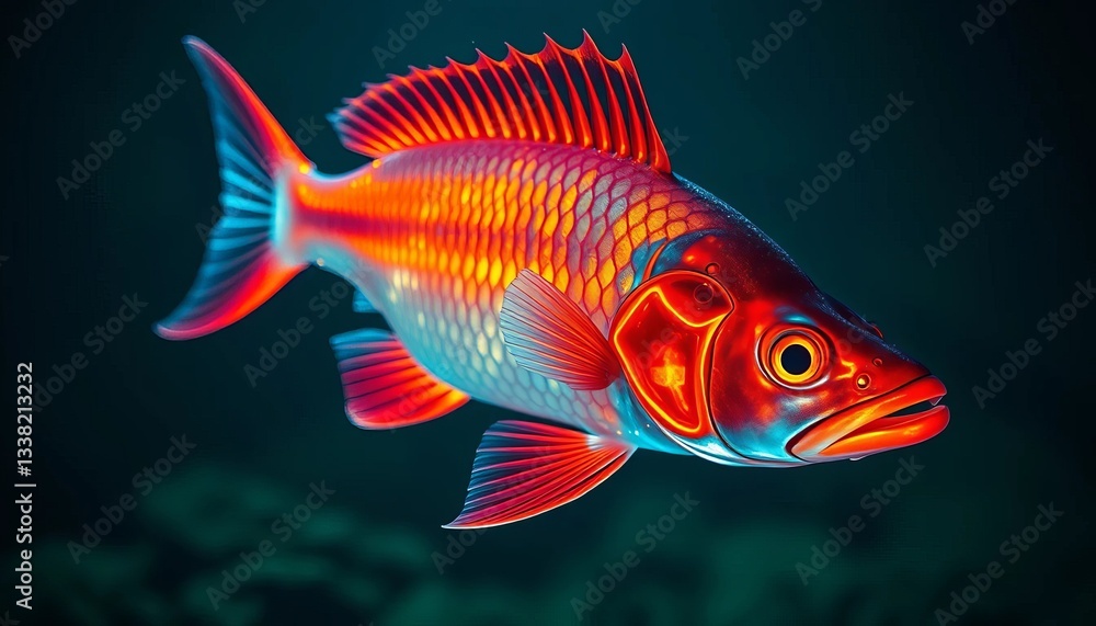A Vibrant Aquatic Creature with Iridescent Scales and Fin Detail, Swimming Through a Deep Ocean Environment A Vibrant Aquatic Creature with Iridescent Scales and Fin Detail, Swimming Through a Deep Ocean Environment