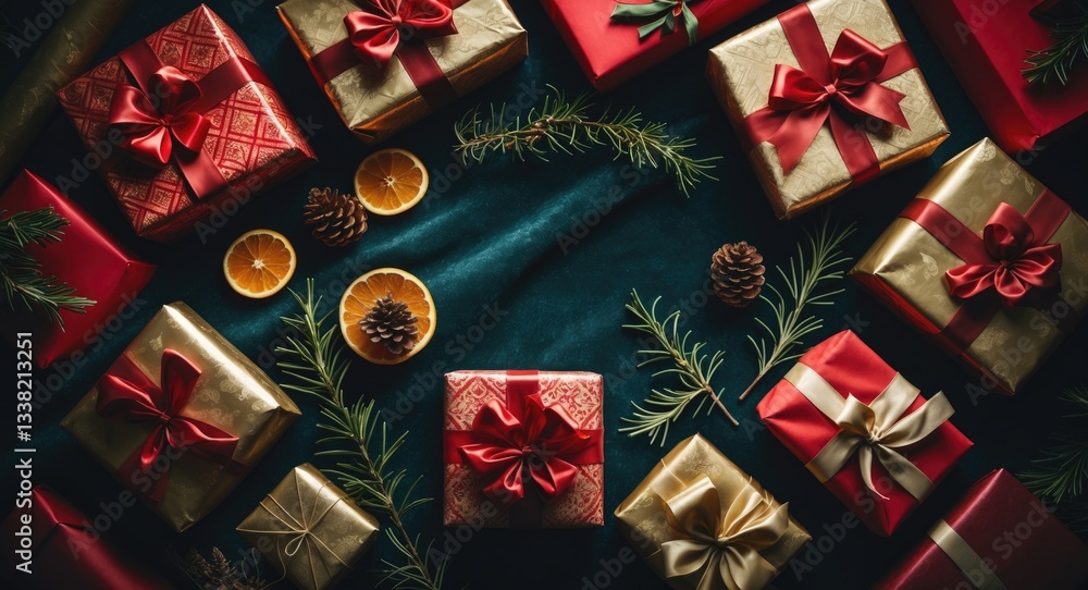 Fototapeta premium Christmas gifts arranged on a dark backdrop.