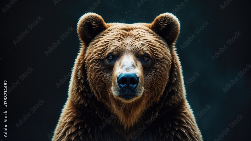 Front view of brown bear against a black background. Bear portrait. Front view of brown bear against a black background. Bear portrait.