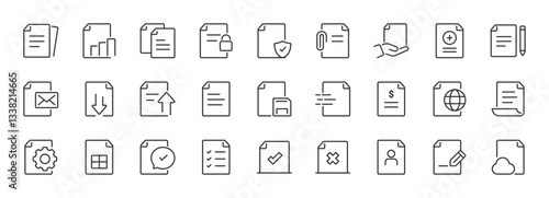 Set of Document Line Icons. Contain Icons as Files, Download, Data, Checklist. Editable Stroke. Pixel Perfect.
