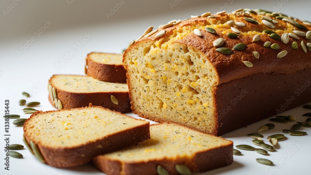 Freshly baked corn bread loaf with slices placed on a white background, showcased up close. Freshly baked corn bread loaf with slices placed on a white background, showcased up close.