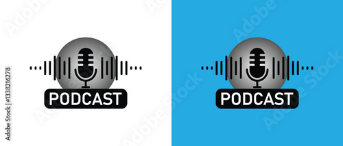 Podcast design with microphone and sound waves. Podcast player.