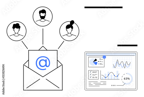 Open email with recipient avatars connected via lines, digital dashboard displaying graphs and metrics. Ideal for teamwork, communication, analytics, networking, collaboration, marketing, workflow