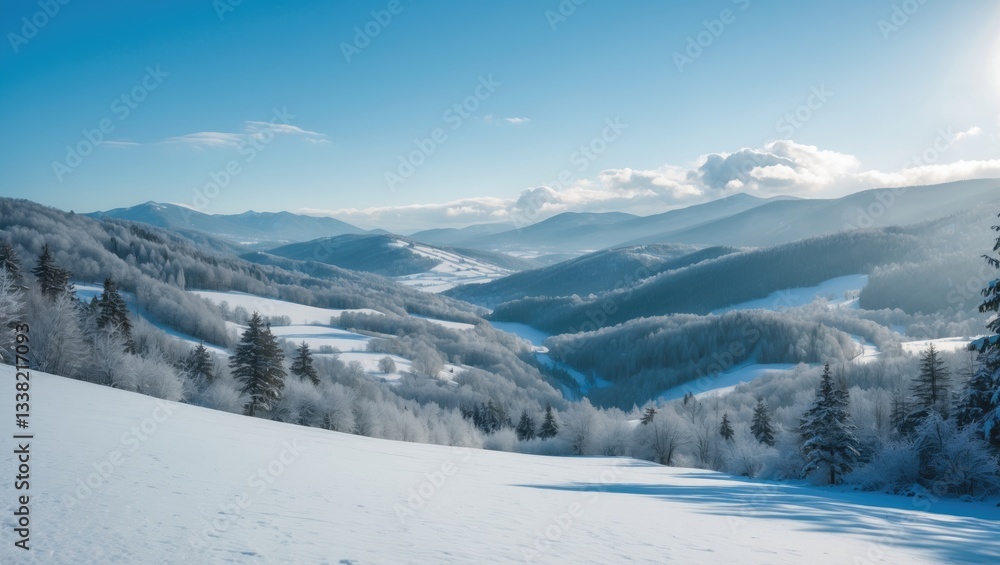 Forest in Beskid close to town, bright blue sky on a chilly sunny winter day. Forest in Beskid close to town, bright blue sky on a chilly sunny winter day.