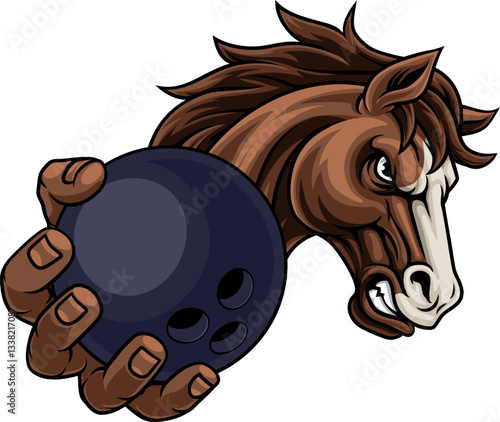 Horse mustang bronco stallion angry bowling sports team mascot holding a ball.