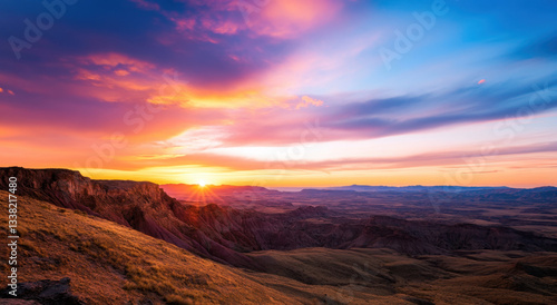 stunning sunset over desert landscape in western Utah, showcasing vibrant colors and dramatic skies. scene evokes sense of tranquility and awe