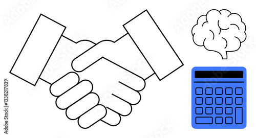Handshake representing teamwork, brain symbolizing cognition, calculator for calculation. Ideal for partnership, negotiation, decision-making, finance, business strategy education. Flat simple