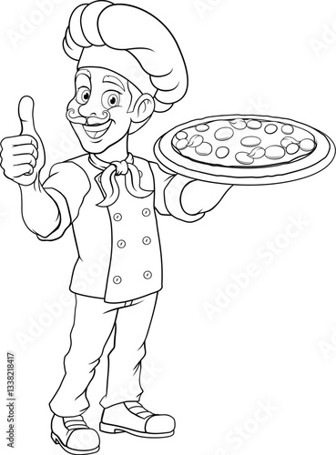 A chef cook holding a pizza cartoon food man mascot character illustration