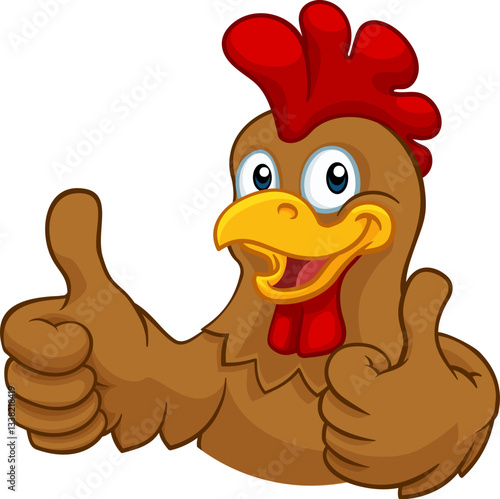 A chicken cartoon rooster cockerel character mascot giving a thumbs up.