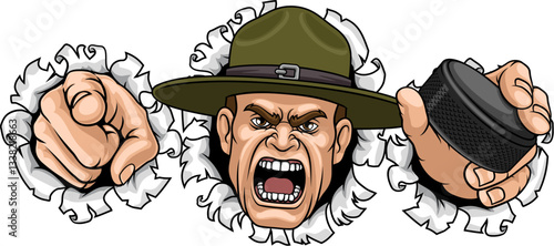 An angry drill instructor or sergeant bootcamp army soldier cartoon character holding hockey puck and pointing ice hockey sports team mascot illustration.