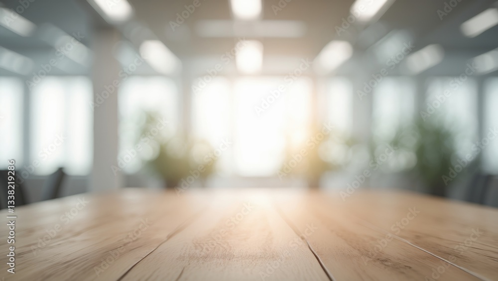 custom made wallpaper toronto digitalWood table top on blurred open workspace. Abstract bokeh light in office interior background for design.