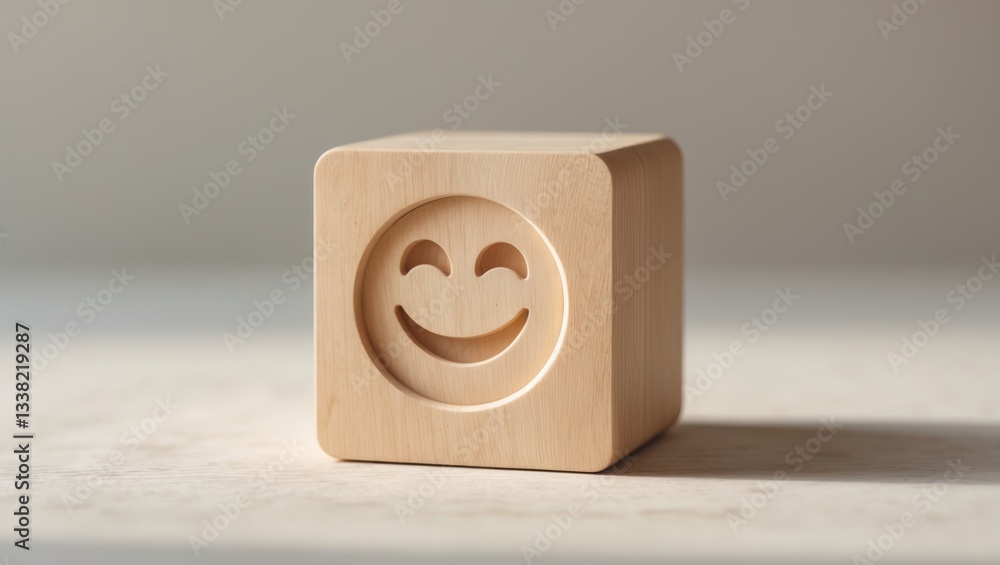 Wooden cube block shaped with a smiley icon face, customer experience, Satisfaction survey idea. Wooden cube block shaped with a smiley icon face, customer experience, Satisfaction survey idea.
