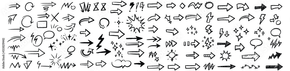 Arrows Collection: A diverse assortment of hand-drawn arrows, illustrating direction, progress, and concepts on a clean backdrop. Arrows Collection: A diverse assortment of hand-drawn arrows, illustrating direction, progress, and concepts on a clean backdrop.