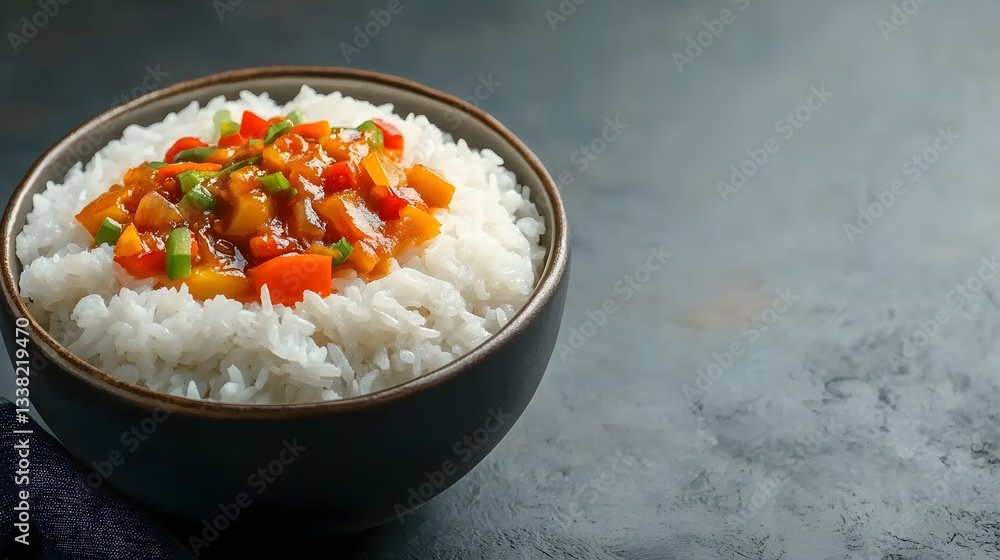 Sweet and Sour Vegetable Medley Over Rice in Bowl Sweet and Sour Vegetable Medley Over Rice in Bowl