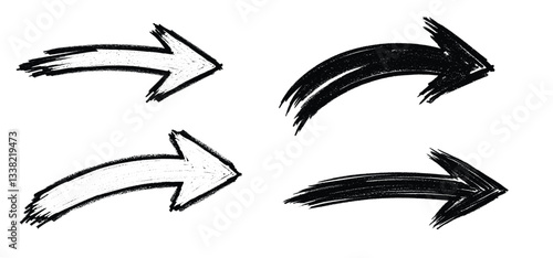 Directional Arrows: A quartet of hand-drawn arrows, rendered in both black and white, pointing dynamically in opposing directions, embodying concepts of change, choice, and guidance.