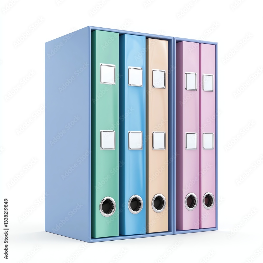 Colorful office binders neatly arranged on a white background, ideal for organizing paperwork and documents. Colorful office binders neatly arranged on a white background, ideal for organizing paperwork and documents.