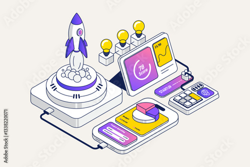 Startup concept. Innovation solution development 3d scene design. Launch a new product on a market. Isometric vector illustration.