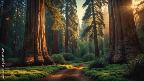 Giant ancient sequoia trees in a woodland area.