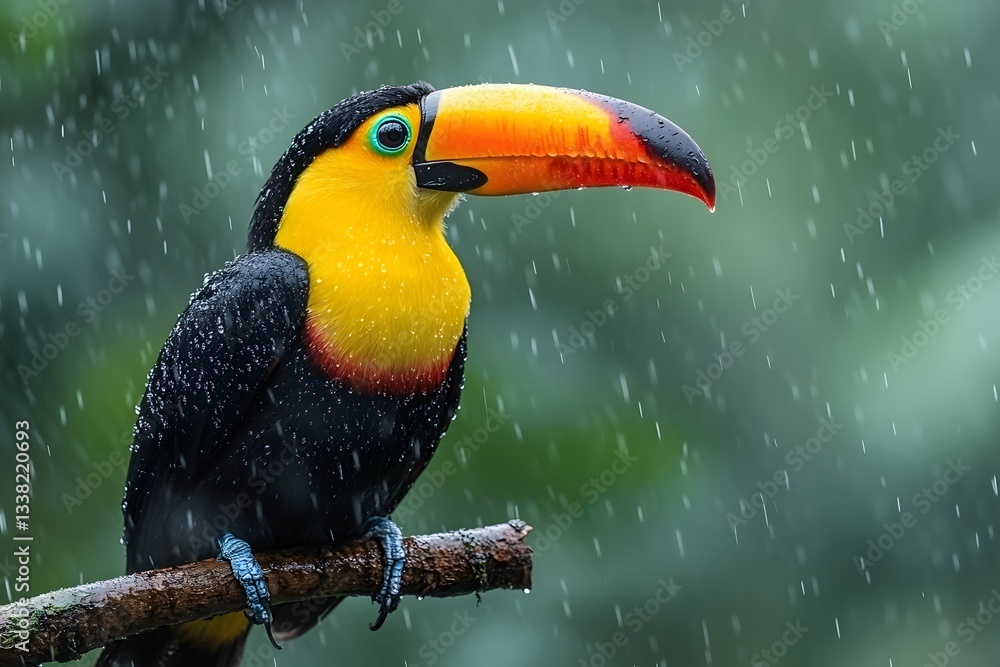 Obraz premium Vibrant Toucan Perched in Rainforest Rain - Nature and Wildlife Photography for Posters