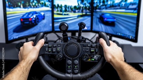Racing game in progress with a racing wheel