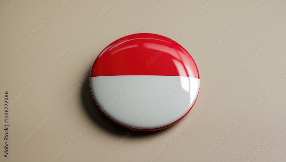 Naklejka premium Round button divided into red and white halves, reminiscent of the flag. Red and white pattern, circular button, bold and simple colors. Badge.