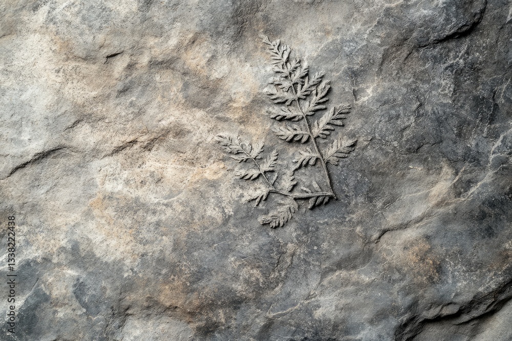 A close-up of a fossilized fern imprint on a rough, gray stone surface, showing intricate leaf veins