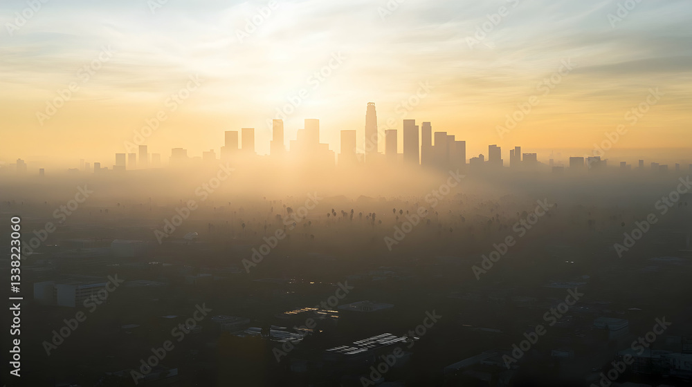 Sunrise over los angeles skyline shrouded in mist and golden light Sunrise over los angeles skyline shrouded in mist and golden light