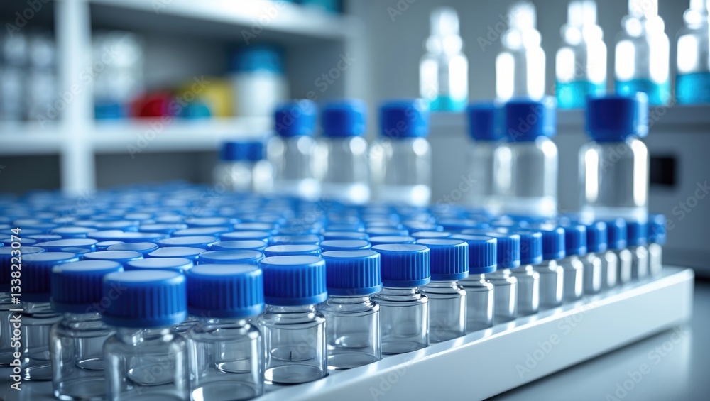 Rows of glass vials arranged in the tray of an automatic liquid dispenser. Laboratory apparatus. Shallow depth of field. Rows of glass vials arranged in the tray of an automatic liquid dispenser. Laboratory apparatus. Shallow depth of field.