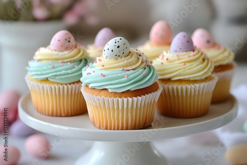 Delicious easter cupcakes decorated with candy eggs and pastel frosting
