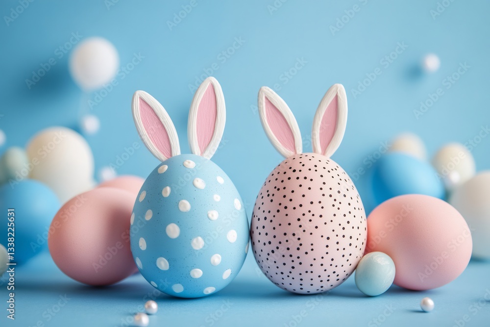 Easter eggs wearing bunny ears on blue background Easter eggs wearing bunny ears on blue background