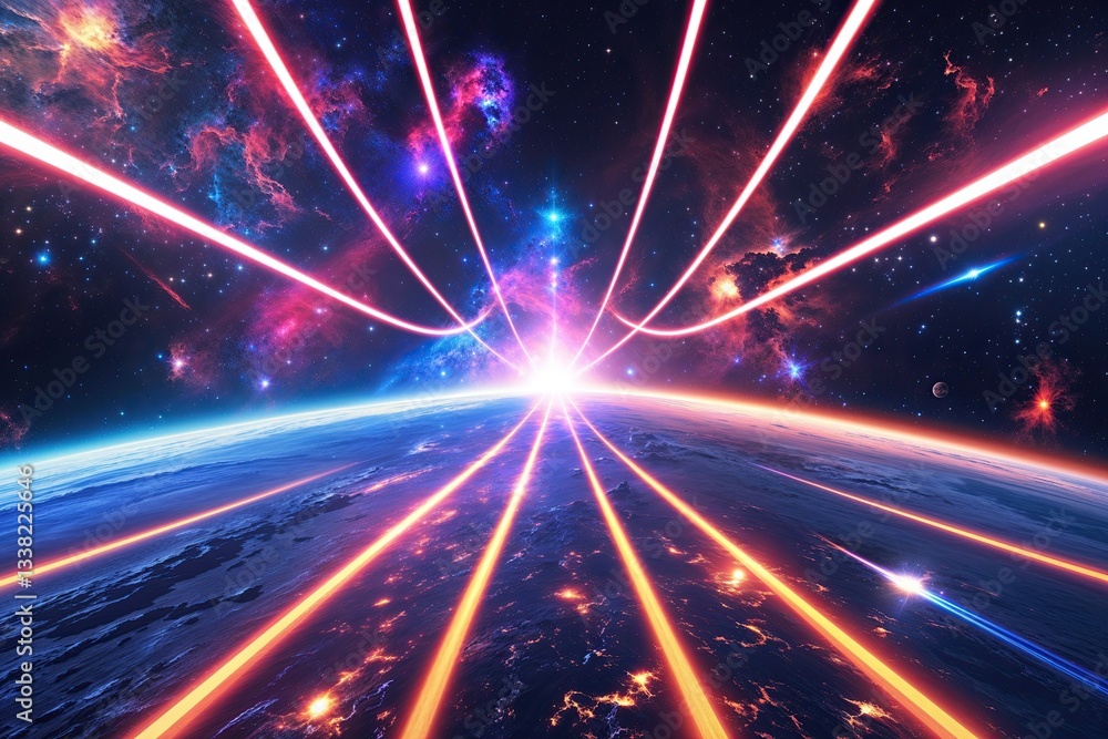 Naklejka premium Hyperspace Adventure Backdrop Featuring a Colorful Cosmic Journey with Dynamic Acceleration and Vibrant Light Effects